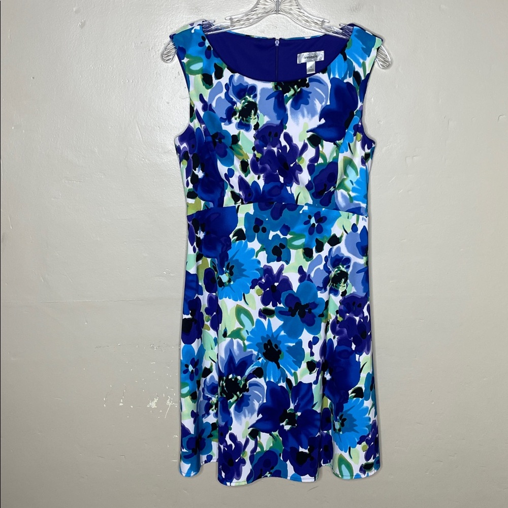 DRESSBARN Purple & Blue Watercolor Floral Empire Waist A-Line Skirt Size 8 - Picture 10 of 11